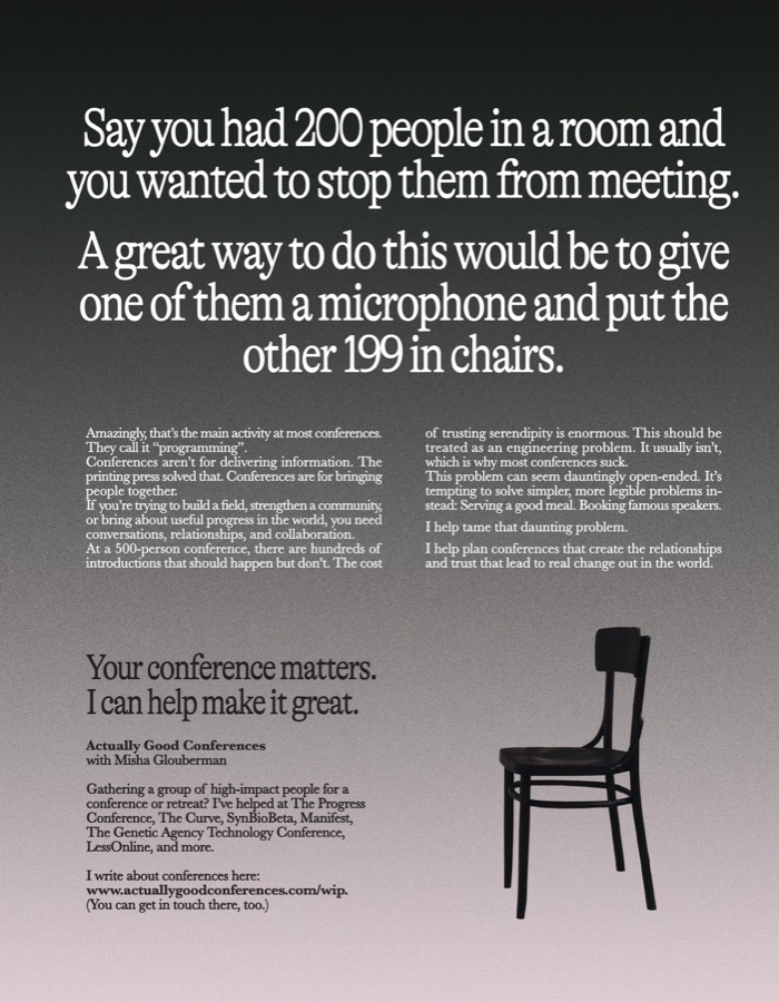 Full-page Actually Good Conferences ad in Works in Progress magazine.